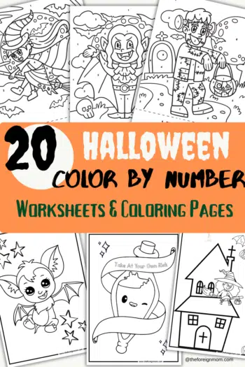 20 Halloween-themed coloring pages and color by number pages.