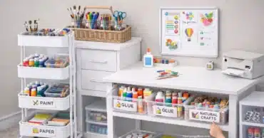 Kids art supplies organized in a small creative space with labeled bins, rolling art cart, and easy-access storage for crafts.