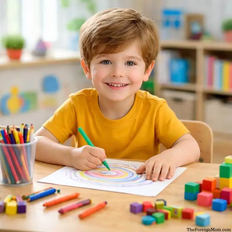 Child sitting at a table using crayons and counting blocks for early learning activities.