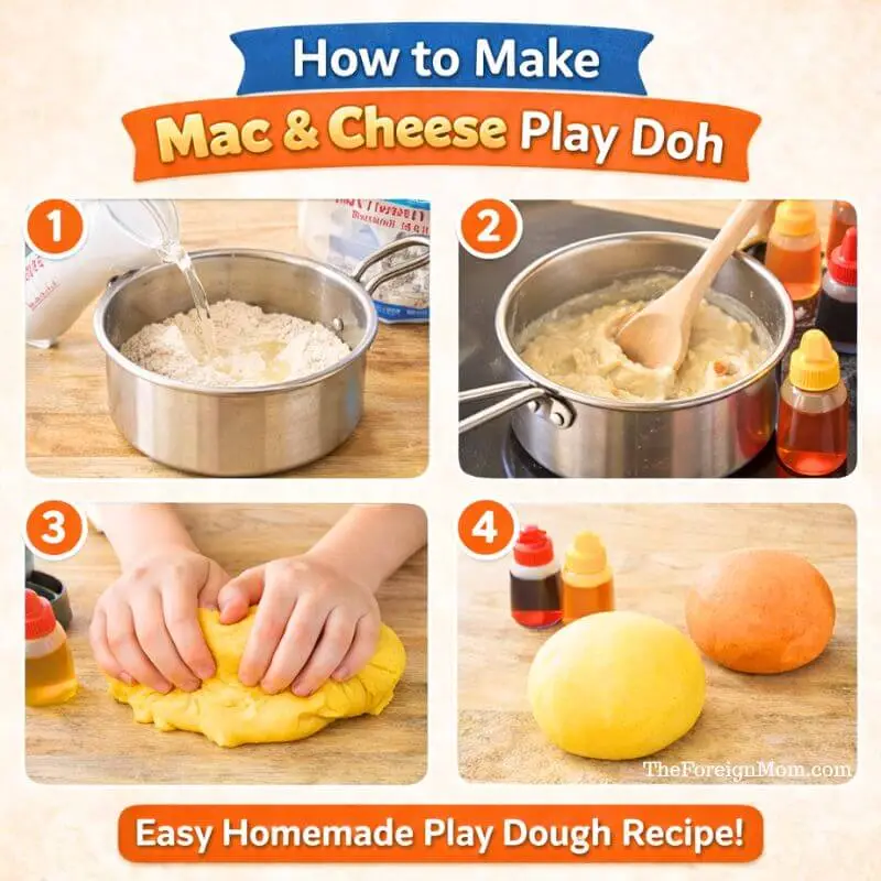 Step by step photos showing how to make homemade mac and cheese play doh for kids sensory play.