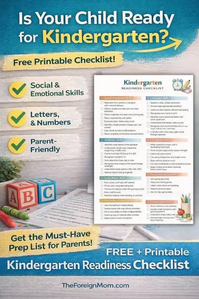 Free kindergarten readiness checklist printable covering social skills, letters, numbers, and parent-friendly school prep.
