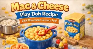Mac and cheese play doh recipe with realistic homemade playdough pasta for kids sensory play.