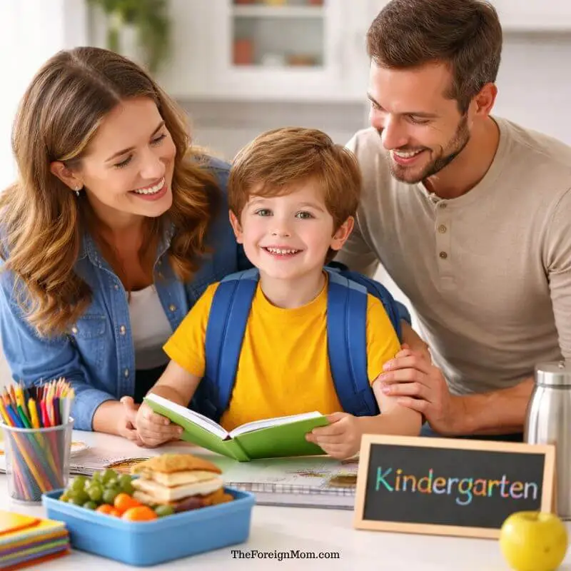 Parents helping their child prepare for kindergarten with school supplies and backpack at home.