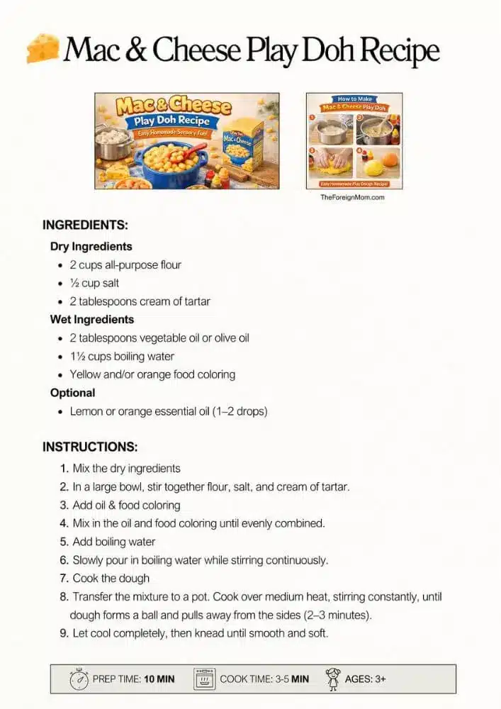 Printable mac and cheese play doh recipe card for easy homemade sensory play.