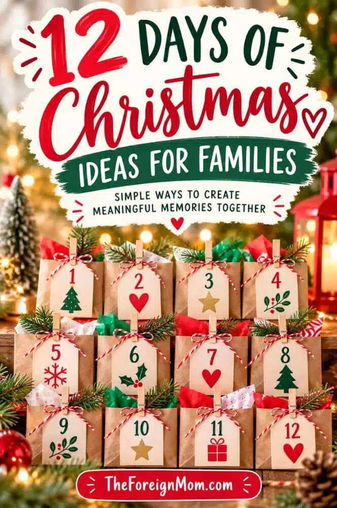 12 Days of Christmas ideas for families with 12 festive numbered Christmas activity bags.