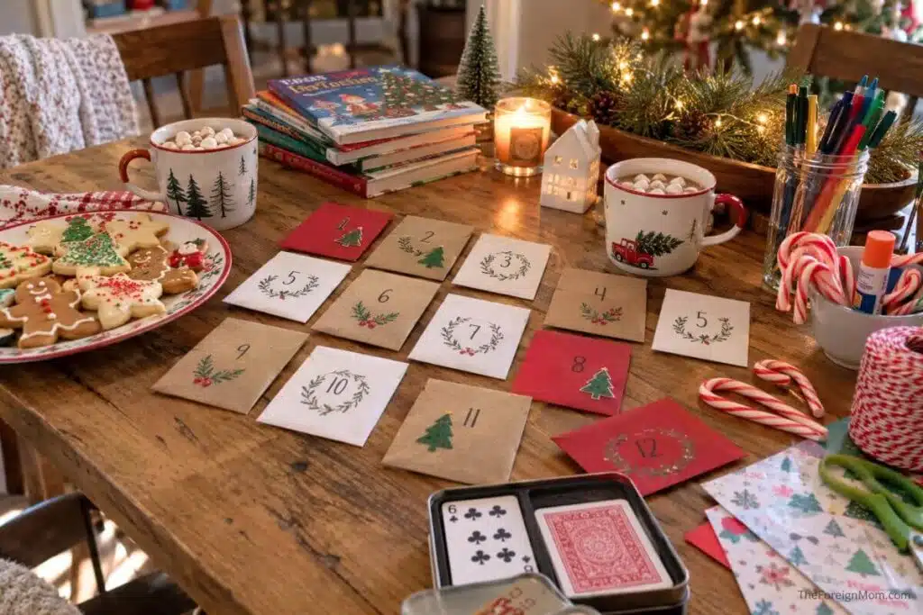 12 Days of Christmas family tradition with numbered envelopes, Christmas cookies, hot chocolate, books, crafts, and holiday activities.