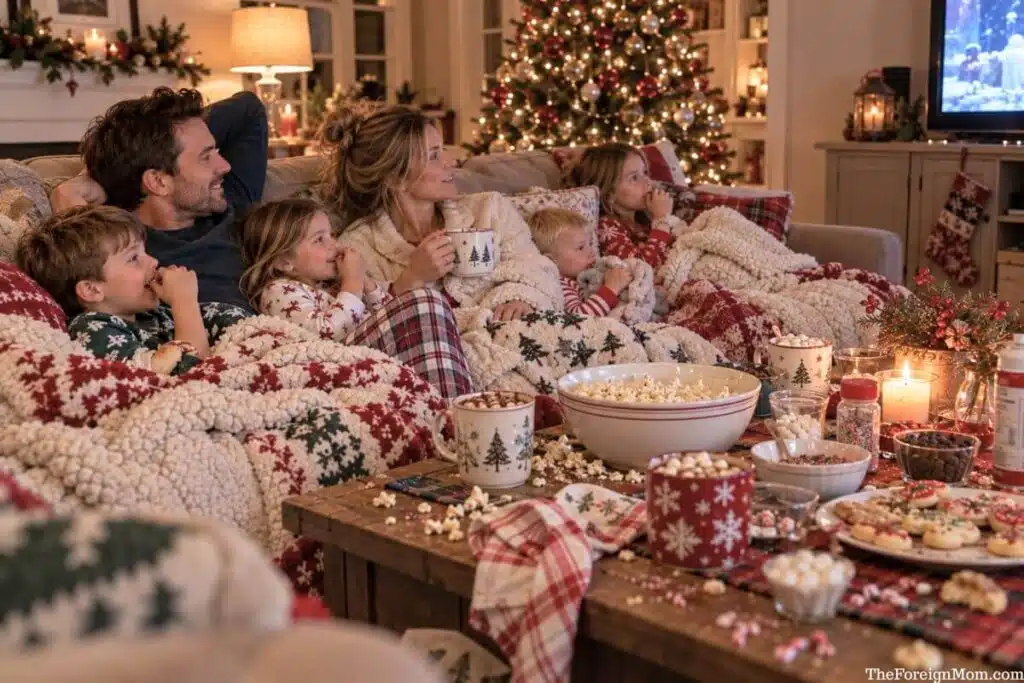 Family enjoying a cozy Christmas movie night with hot chocolate, popcorn, cookies, and a glowing Christmas tree.