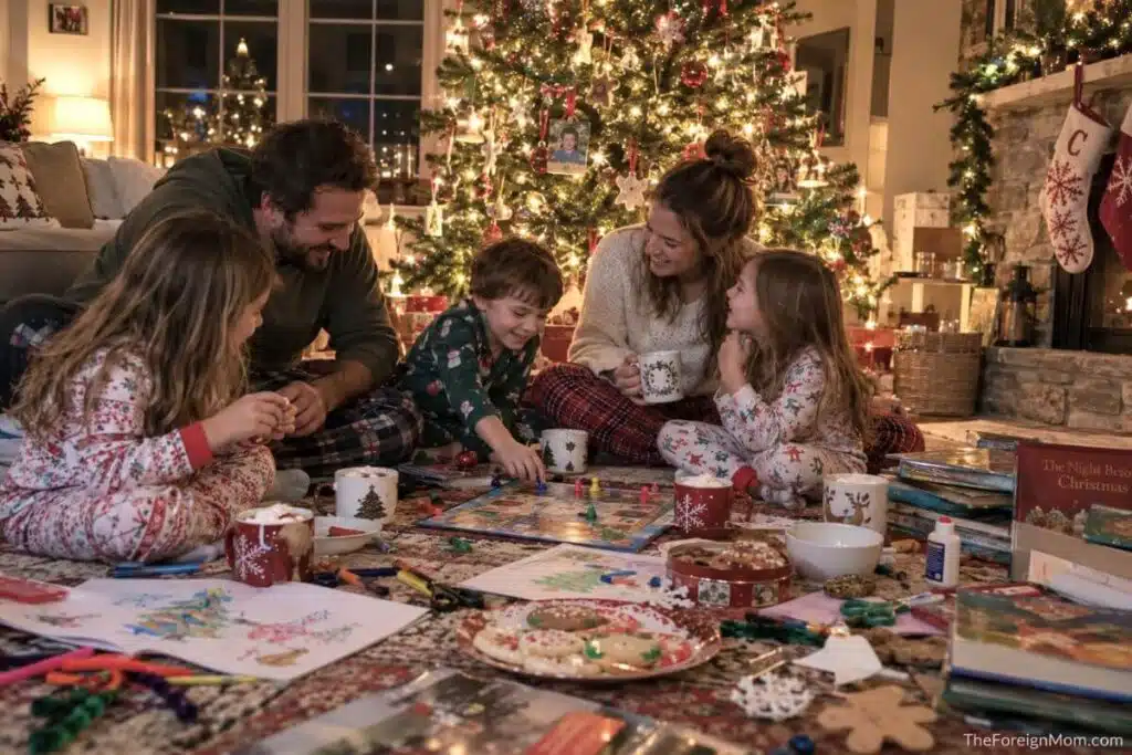 Family spending Christmas together around the tree with board games, cookies, crafts, books, and hot chocolate.