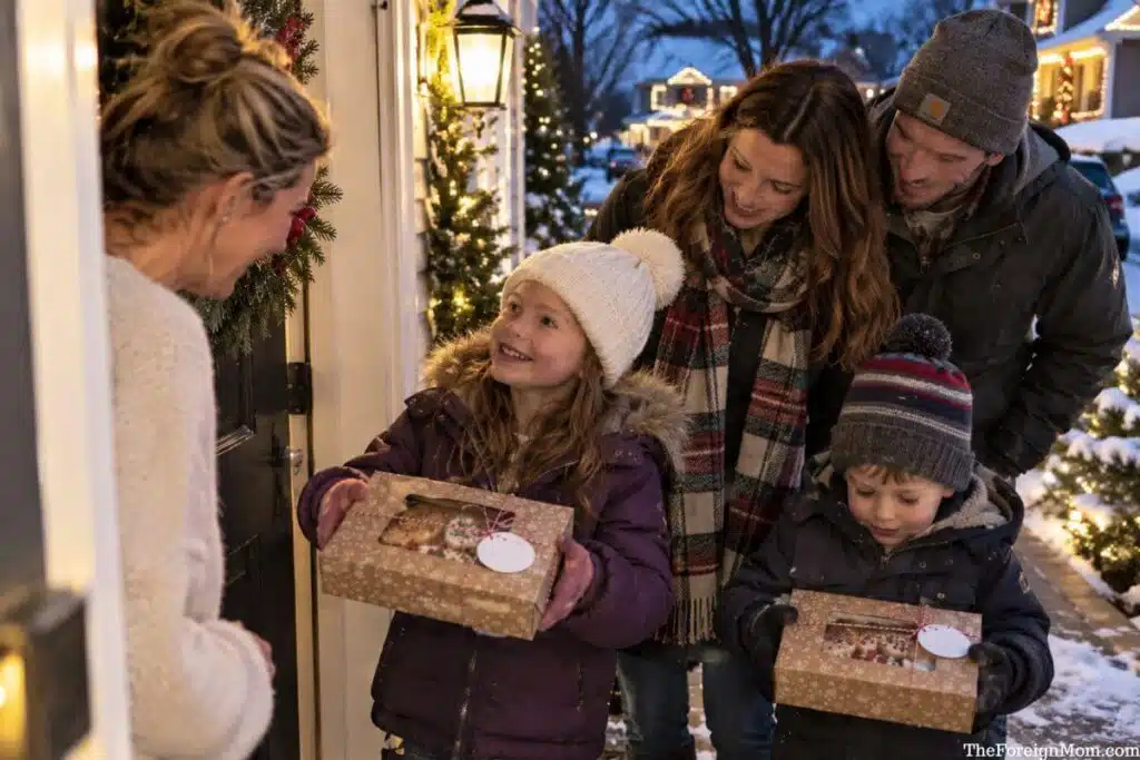 Family delivering homemade Christmas cookies in festive gift boxes to neighbors during the holiday season.