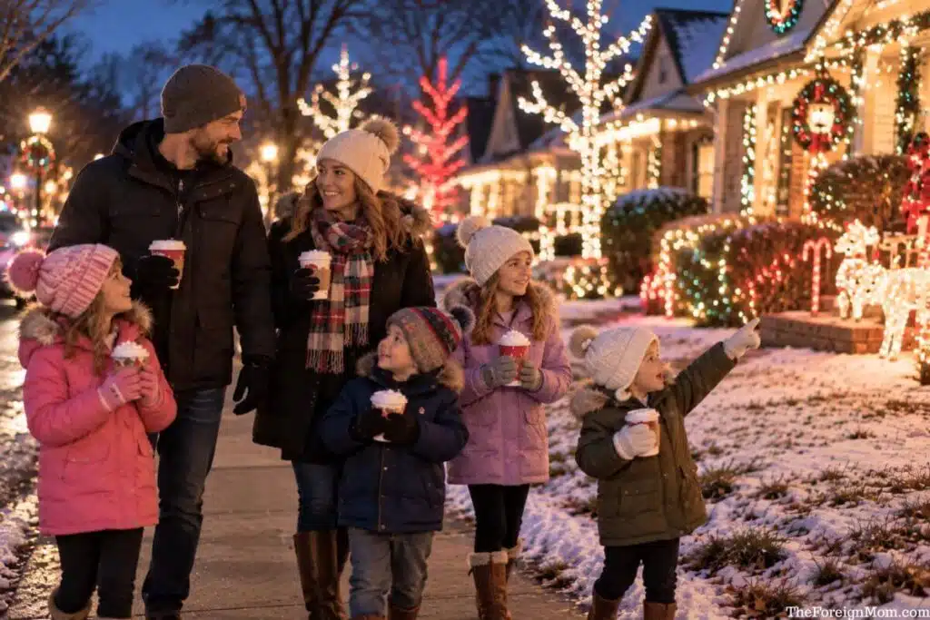 Family with children walking through a neighborhood looking at Christmas lights and drinking hot chocolate.