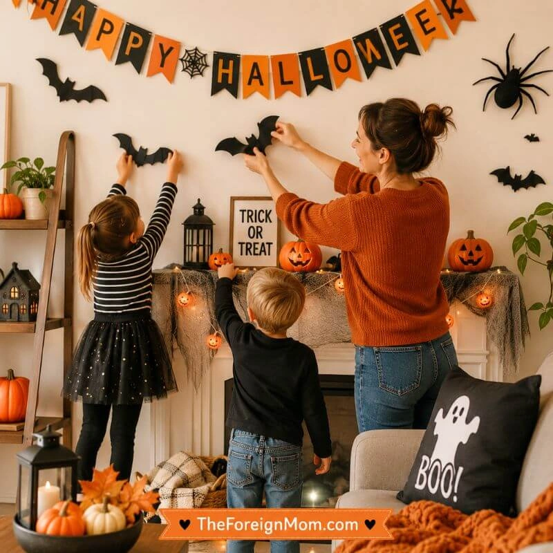 Mom and kids decorating the living room for Halloween with pumpkins, bats, lights, and spooky decorations.