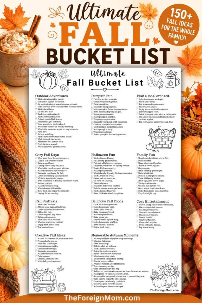 Fall bucket list printable preview with cozy autumn decorations and family-friendly fall activity ideas.