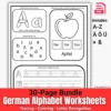 Printable German alphabet worksheets for kids with tracing, coloring, and letter recognition activities including A-Z, Ä, Ö, Ü, and ß.