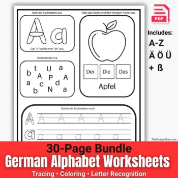 Printable German alphabet worksheets for kids with tracing, coloring, and letter recognition activities including A-Z, Ä, Ö, Ü, and ß.