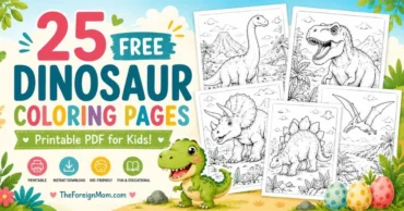 Hero image for 25 free dinosaur coloring pages printable PDF featuring cute dinosaurs and coloring page previews.