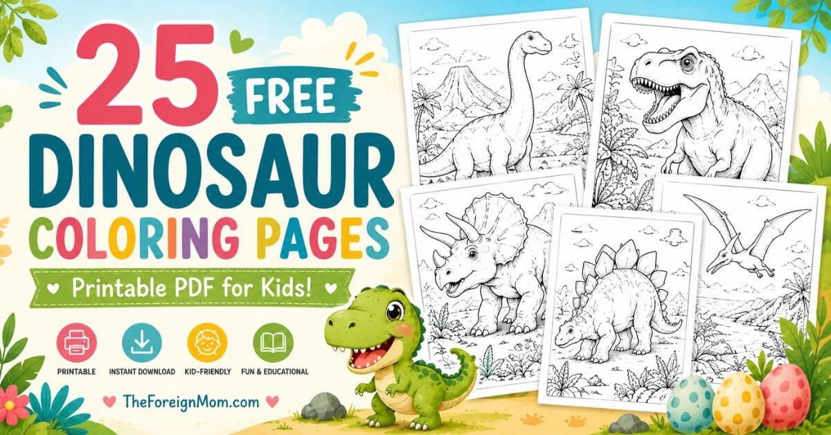Hero image for 25 free dinosaur coloring pages printable PDF featuring cute dinosaurs and coloring page previews.