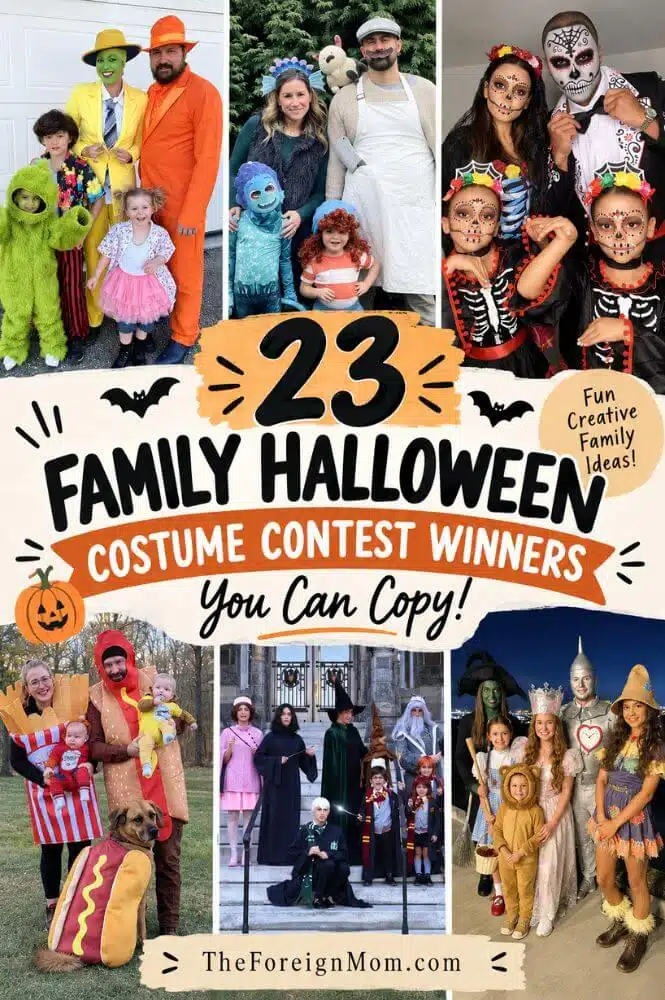 Pinterest graphic featuring family Halloween costume photos and the headline “23 Family Halloween Costume Contest Winners You Can Copy.”