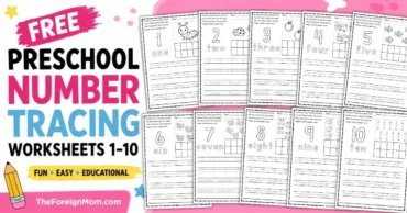 Free preschool number tracing worksheets 1-10 with counting, ten frames, number tracing, and number word practice.