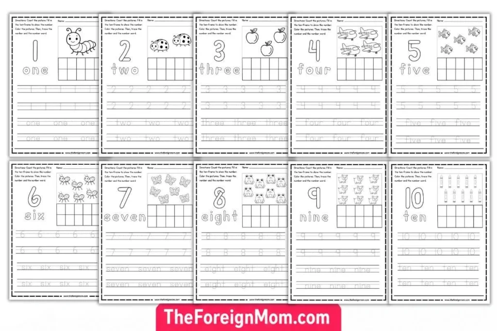 Overview of free preschool number tracing worksheets 1-10 with counting, ten frames, number tracing, and number word practice.