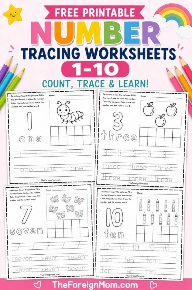 Free printable number tracing worksheets 1-10 for preschool and kindergarten with counting, ten frames, and number writing practice.