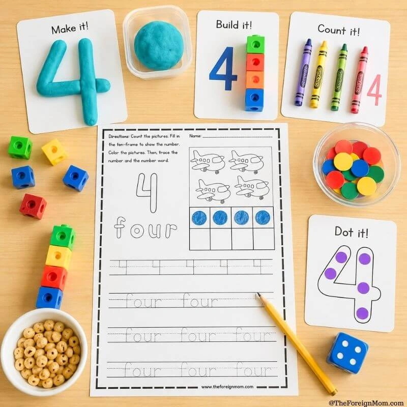Preschool number 4 worksheet with play dough, counting, blocks, and hands-on number activities.
