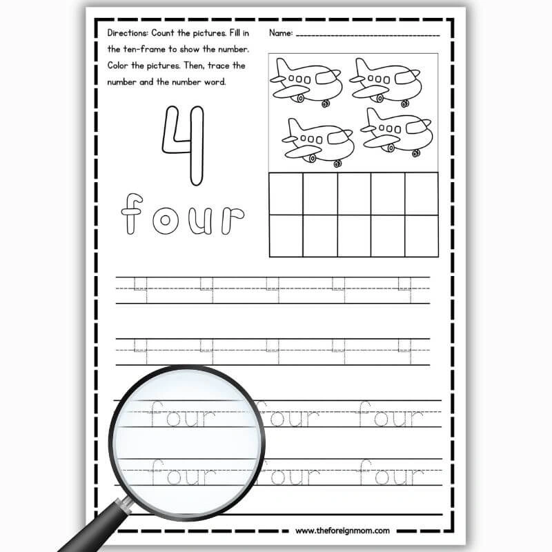 Preschool number 4 tracing worksheet with dotted number and number word formation practice.