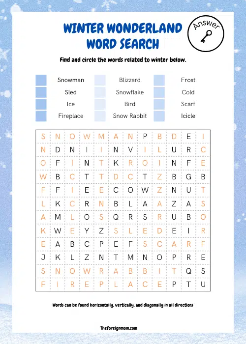 Winter Wonderland Word Search Answer Key