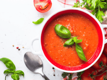 Roasted tomato soup with fresh basil.