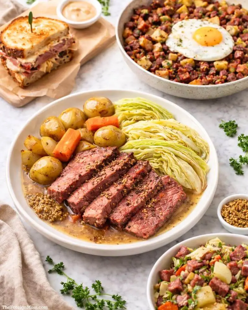 Serving ideas for corned beef and cabbage including sliced brisket with potatoes, cabbage wedges, Reuben sandwich, and corned beef hash.