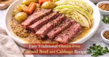 Plated gluten-free corned beef and cabbage with potatoes and carrots, topped with mustard seeds and broth.