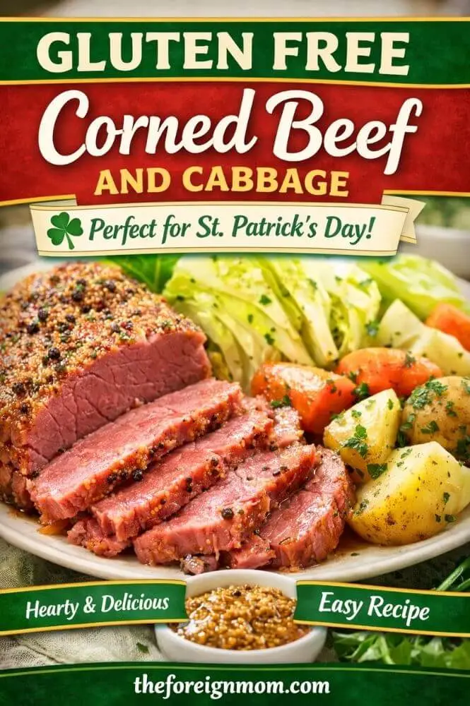 Gluten free corned beef and cabbage recipe served with potatoes, carrots, and cabbage wedges. A traditional St. Patrick’s Day dinner idea.