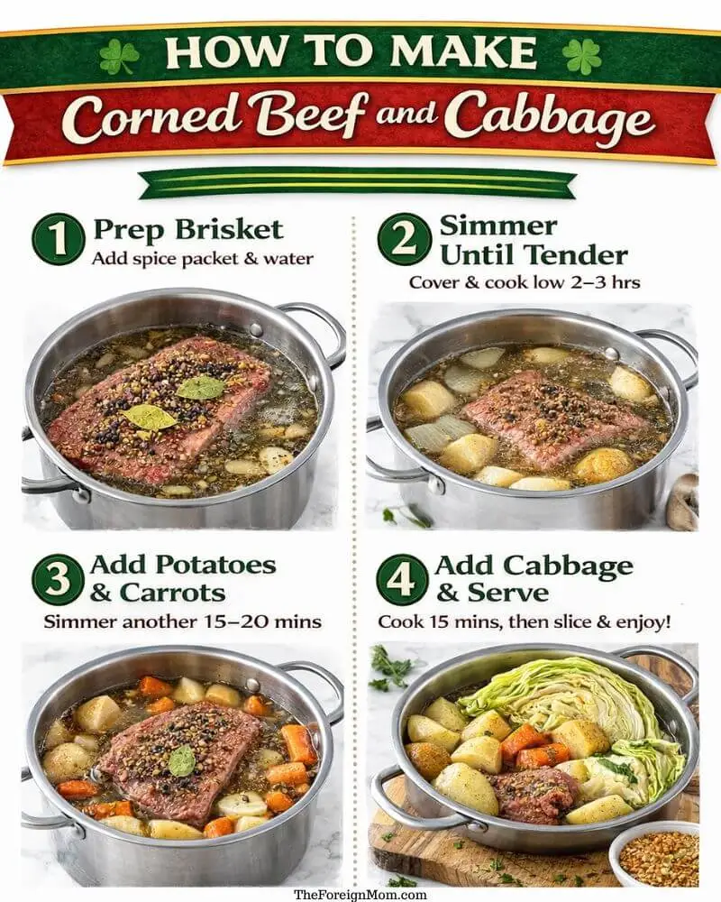Step-by-step infographic showing how to make corned beef and cabbage with brisket, potatoes, carrots, and cabbage in a pot.