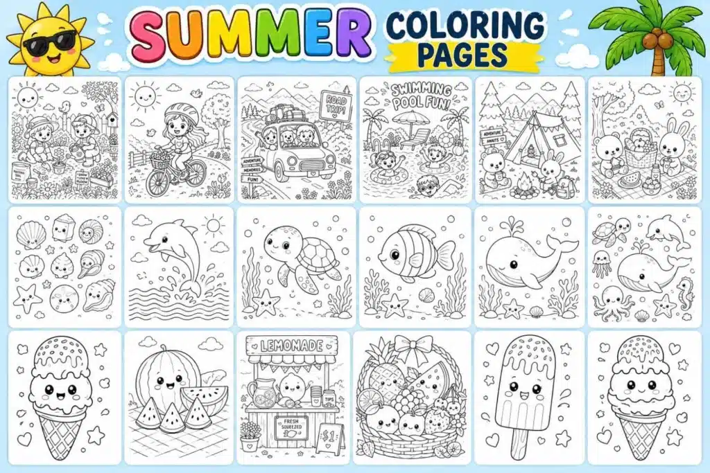 Preview of free printable summer coloring pages with beach, camping, ocean animals, ice cream, lemonade, and summer activity coloring sheets.