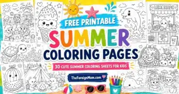 Free printable summer coloring pages for kids featuring beach, ice cream, ocean animals, lemonade, fruit, camping, and swimming coloring sheets.