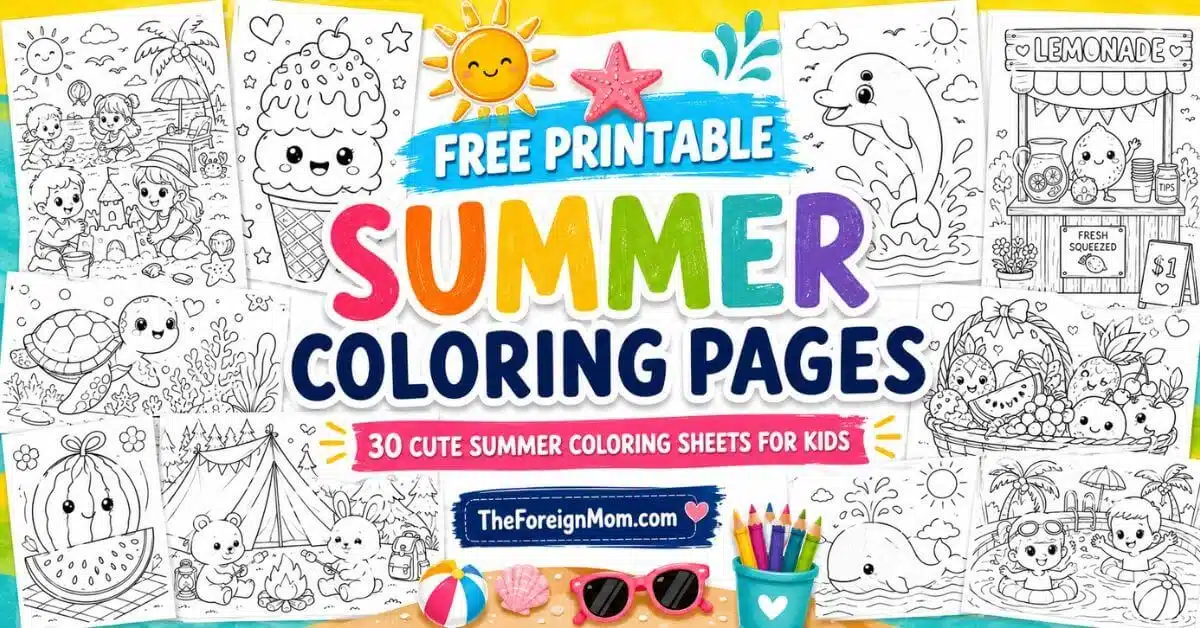 Free printable summer coloring pages for kids featuring beach, ice cream, ocean animals, lemonade, fruit, camping, and swimming coloring sheets.
