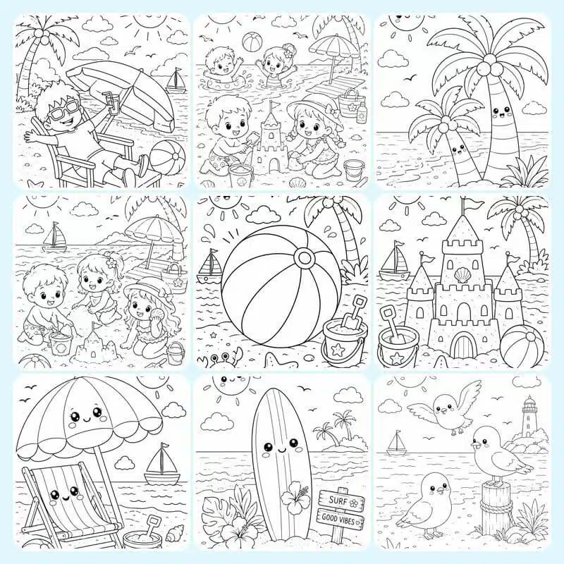 Overview image featuring free printable summer coloring pages including beach scenes, palm trees, beach ball, sandcastle, surfboard, seagulls, beach umbrella, and kids enjoying summer fun.
