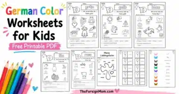 German color worksheets for kids free printable PDF with coloring, tracing, matching, and writing activities.