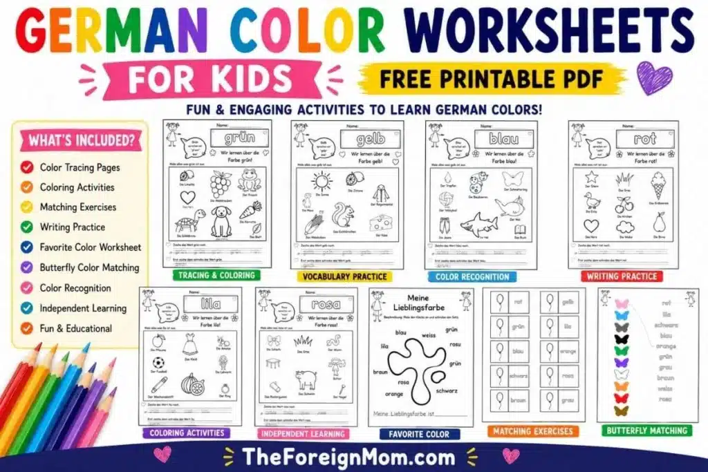 Overview image of German color worksheets for kids showing tracing, coloring, writing, matching, and vocabulary activities.