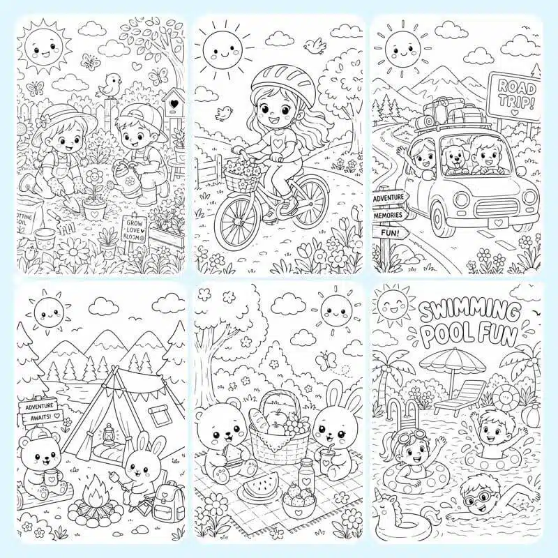 Overview image of summer fun coloring pages with gardening, bike riding, road trip, camping, picnic, and swimming pool activities.