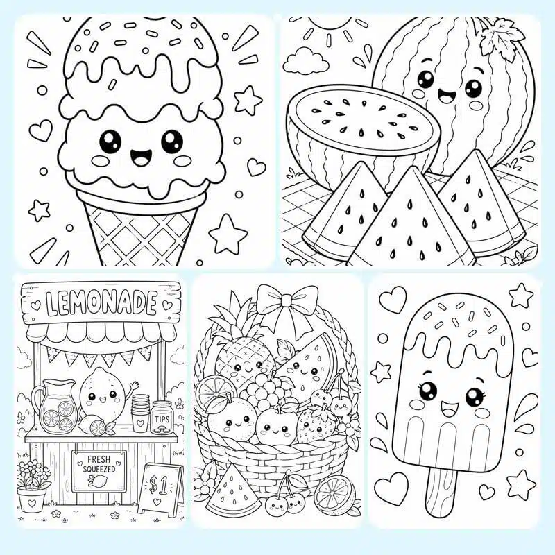 Overview image of summer treats coloring pages featuring ice cream, watermelon, lemonade stand, fruit basket, and popsicle designs for kids.