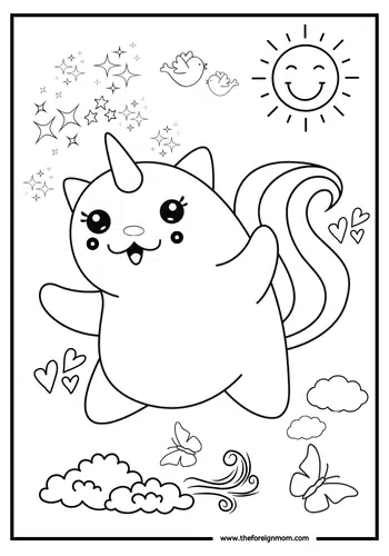Caticorn flying in the air coloring page.