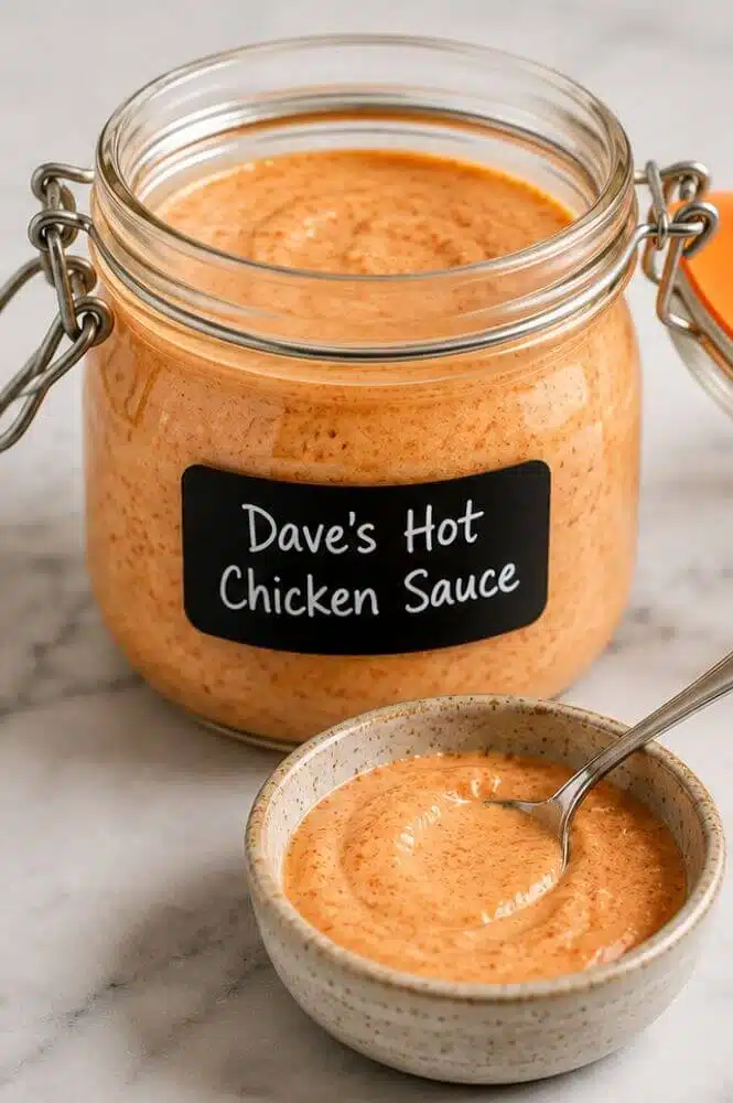 Dave’s Hot Chicken sauce stored in an airtight glass jar with tips for refrigerating and serving leftover sauce.