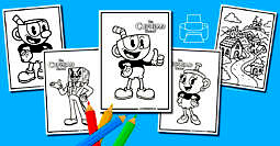4 cuphead themed coloring pages for kids.