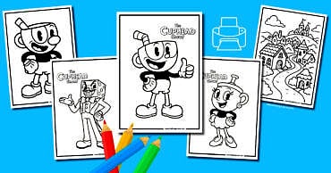 4 cuphead themed coloring pages for kids.