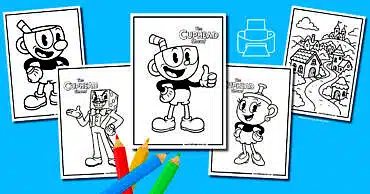 4 cuphead themed coloring pages for kids.