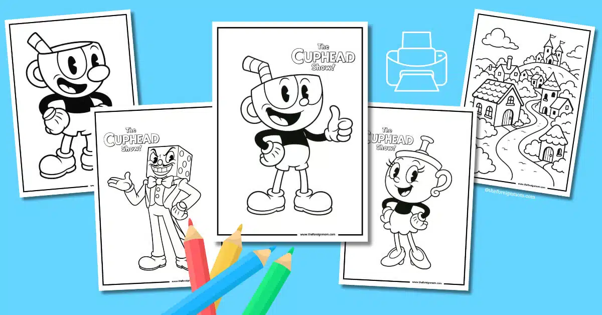4 cuphead themed coloring pages for kids.