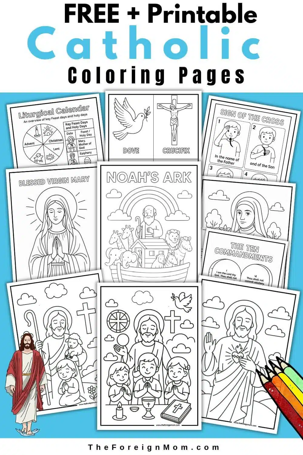Preview of free printable Catholic coloring pages Pinterest pin. Featuring Black and White religious worksheets with a blue border and colored pencils.