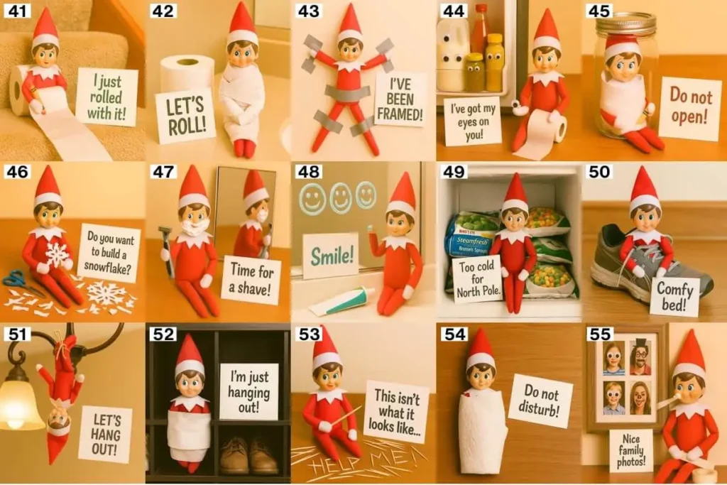Collage of 15 fun and easy Elf on the Shelf ideas with numbered setups, Hiding in the freezer, making smiley faces with toothpaste, and getting tangled up in toilet paper.