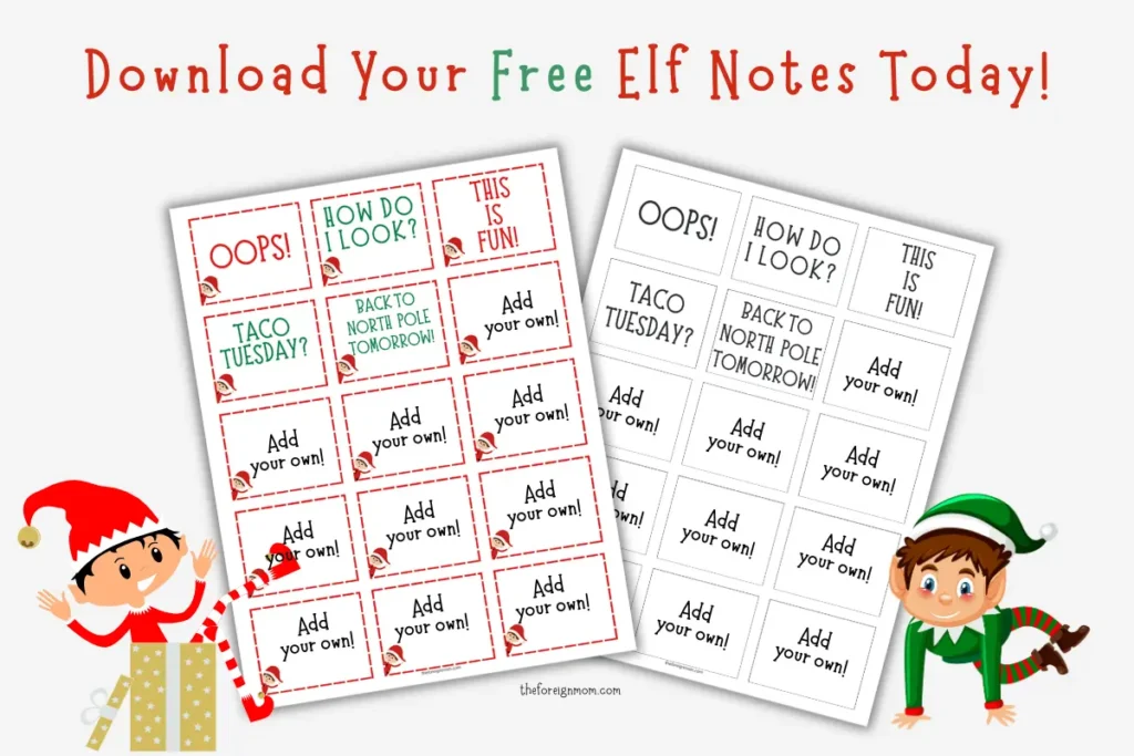 Free printable Elf on the Shelf notes 96-100 with fun messages like Oops, How do I look?, and Taco Tuesday?, designed for kids.