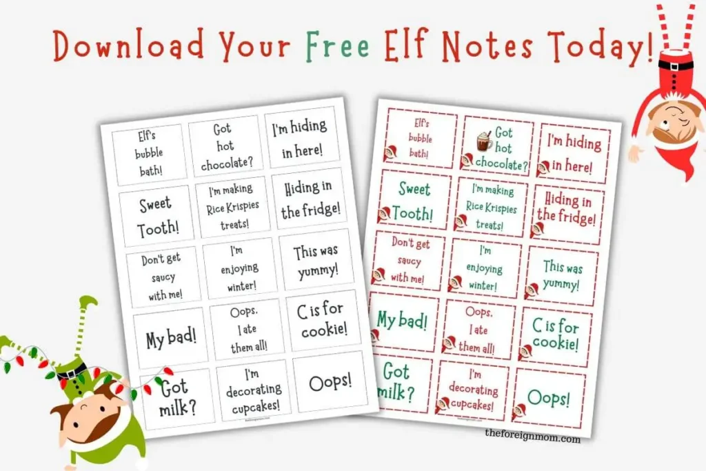 Free printable Elf on the Shelf notes 16-30 with fun messages like Oops, Don't get saucy with me, My bad, and Hiding in the fridge, designed for kids.